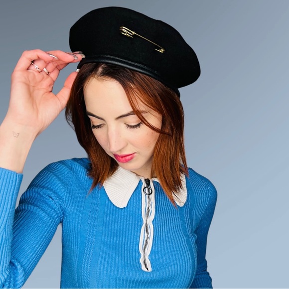 Black Beret with Gold Pin and Long Velvet Bow